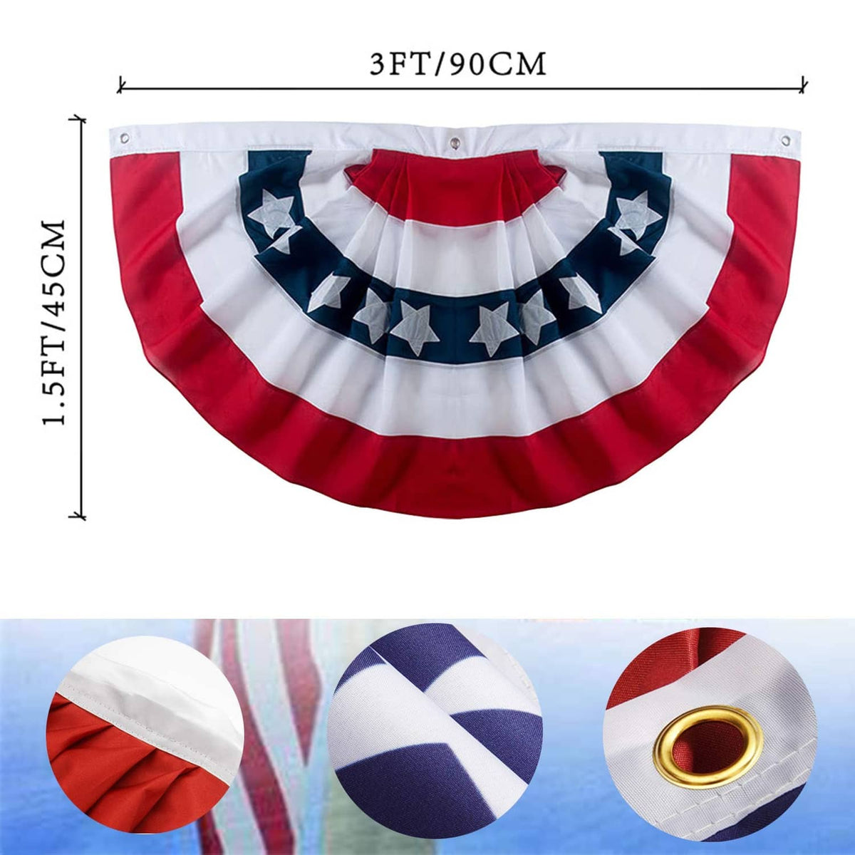 Pleated patriotic fan bunting flag with navy star center and red-and-white stripes
