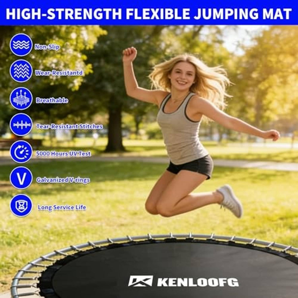 Black trampoline jumping mat with V-rings and stitched surface on trampoline frame