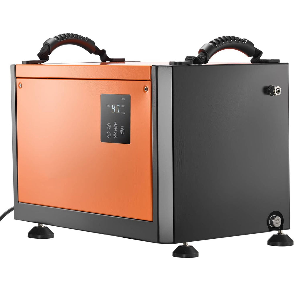 Commercial dehumidifier with pump, orange and black, front control panel and top handles