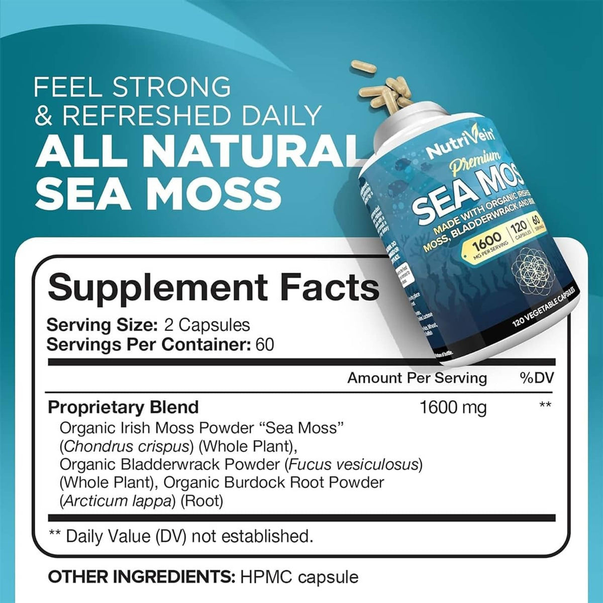 NutriVein Premium Sea Moss supplement facts panel with bottle and serving size details