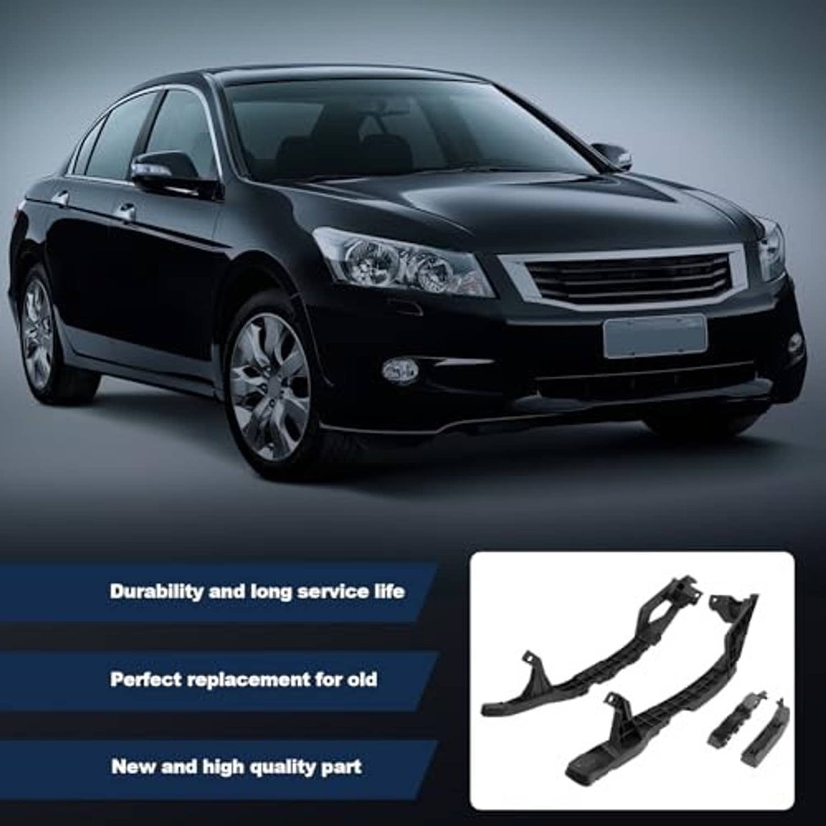 Black front bumper and headlight bracket kit, includes multiple bracket parts shown with car