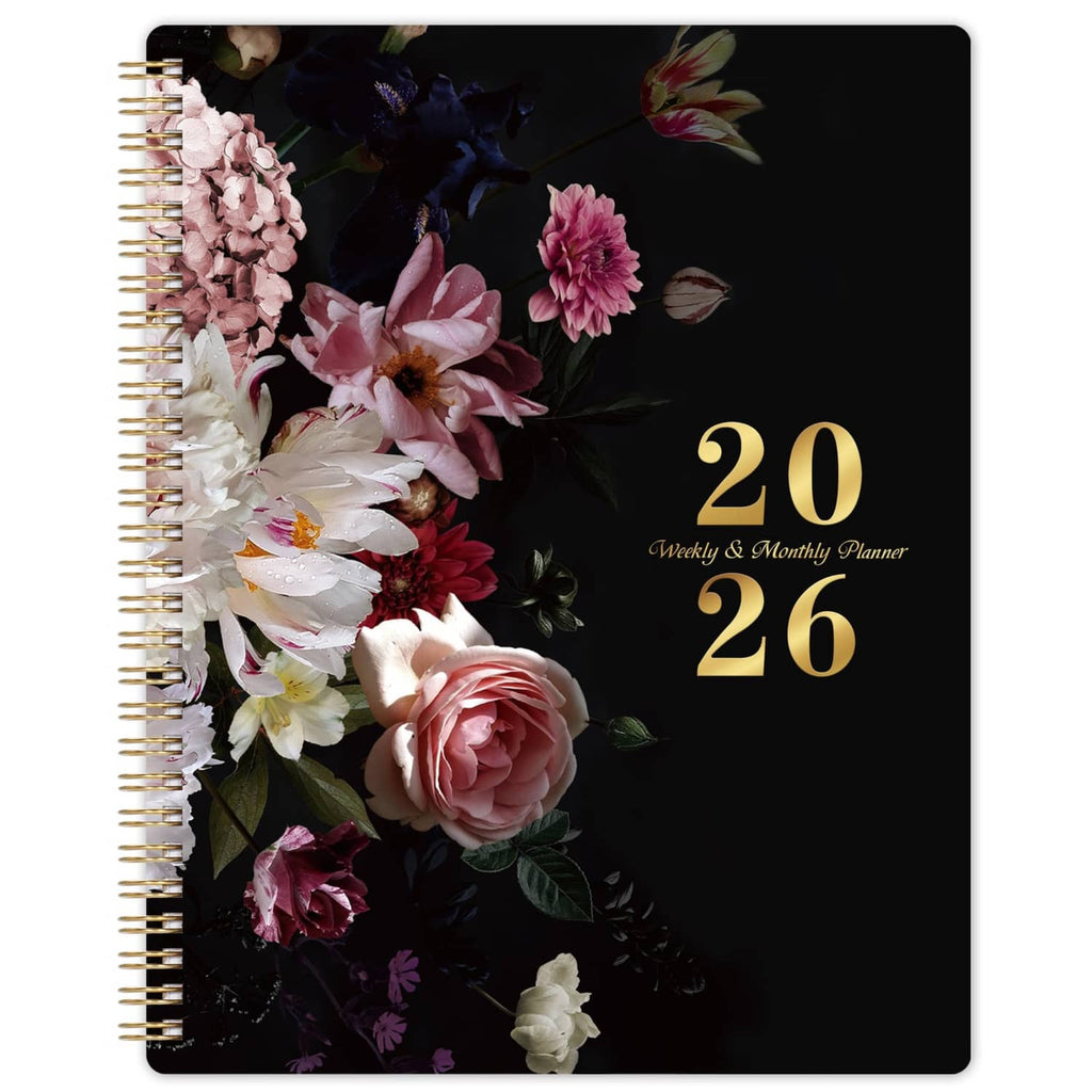Black 2026 planner with gold "20 26" and floral rose cover, spiral bound