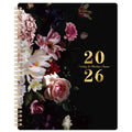 Black 2026 planner with gold "20 26" and floral rose cover, spiral bound