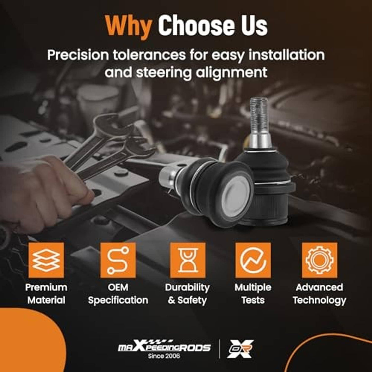 Ball joint kit benefits graphic with precision tolerances and quality feature icons