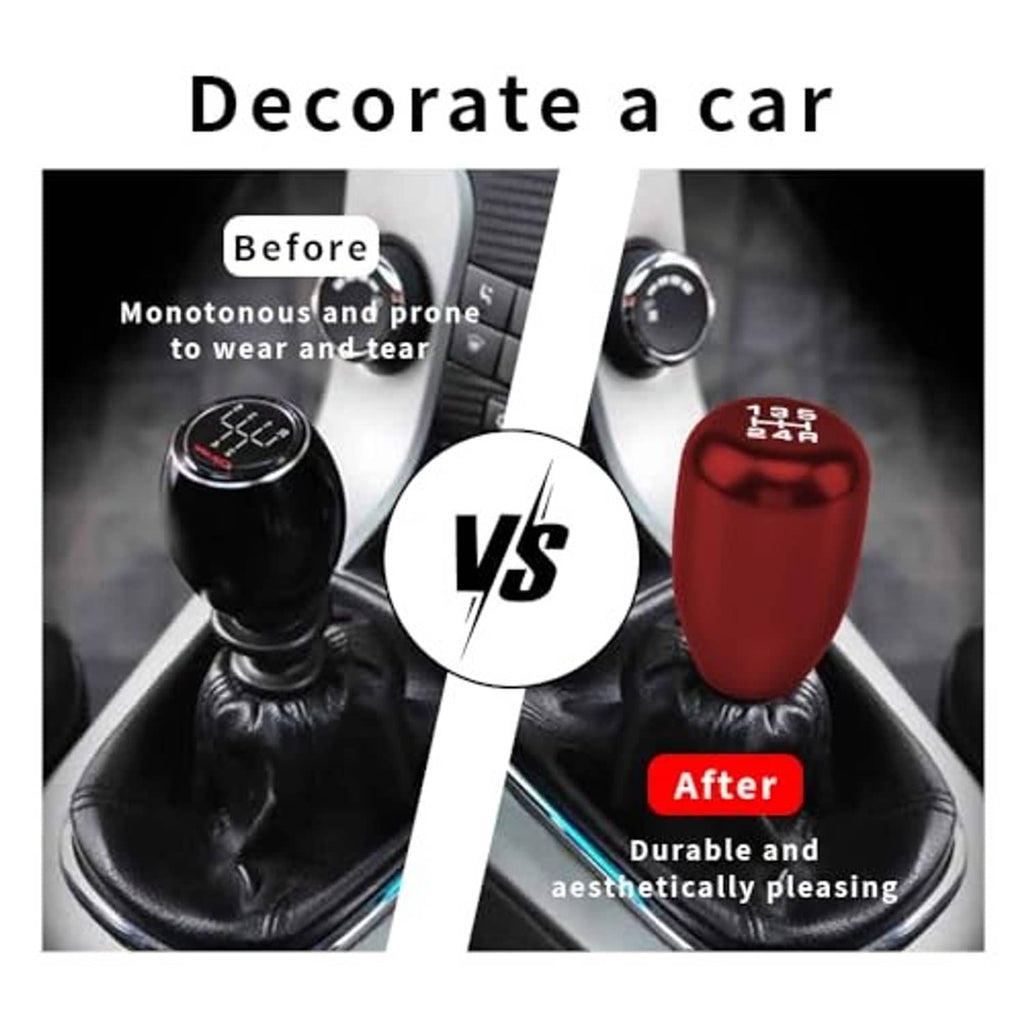 Red manual gear shift knob on black leather shift boot