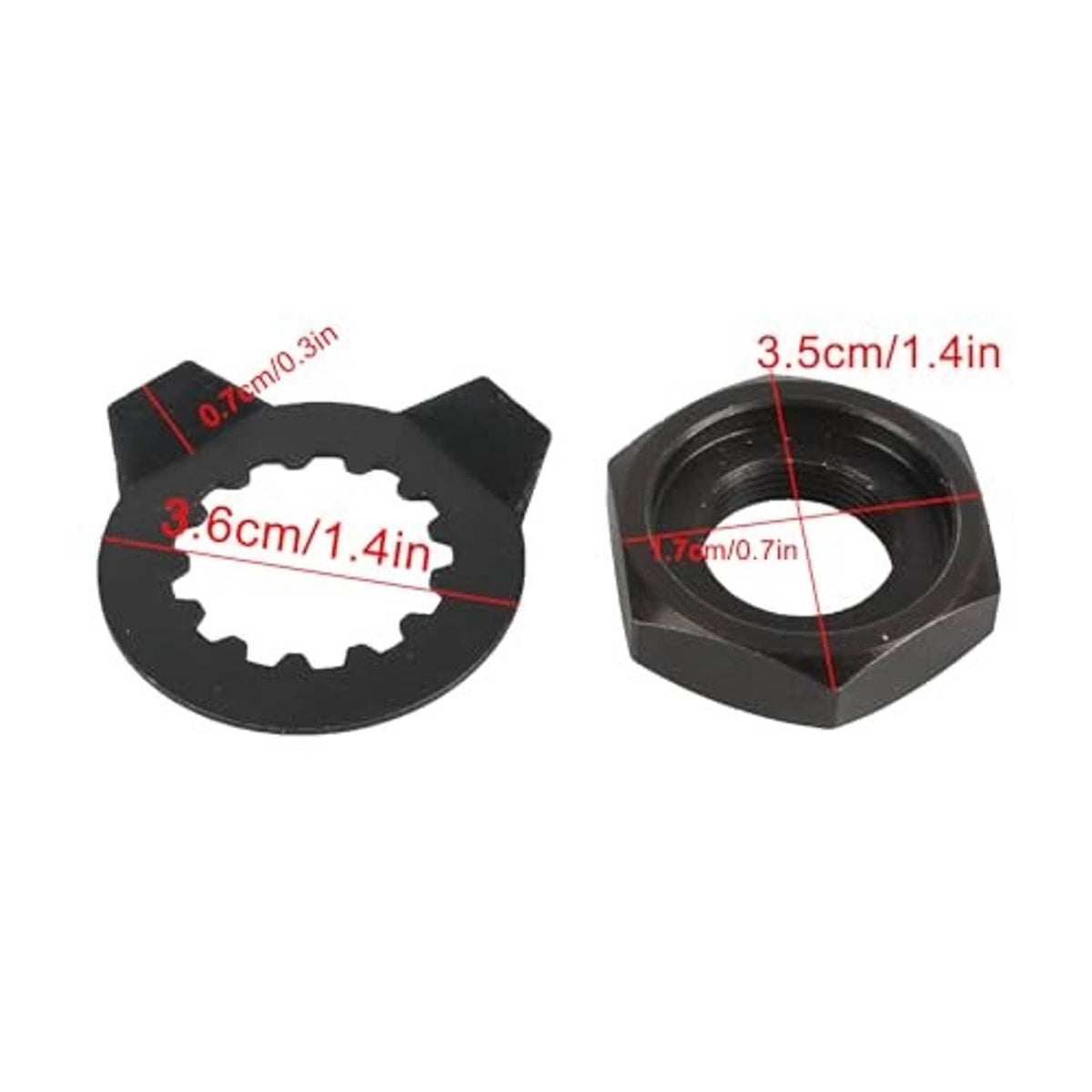 Front sprocket lock nut and toothed bolt washer with visible dimensions