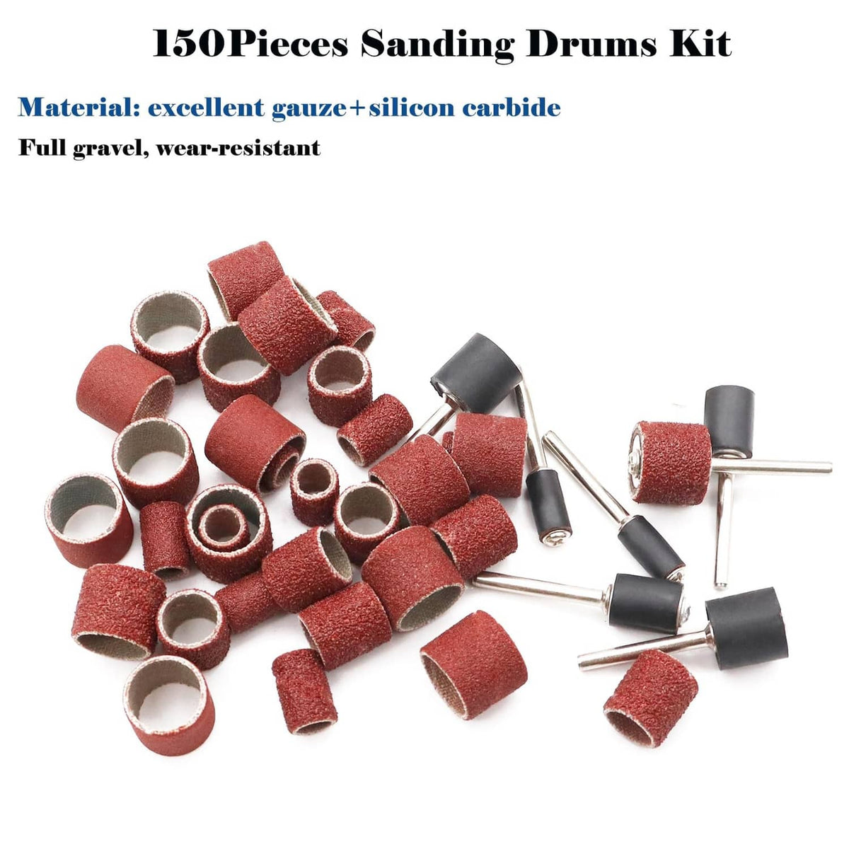 150-piece sanding drum kit with red abrasive sleeves and metal mandrels