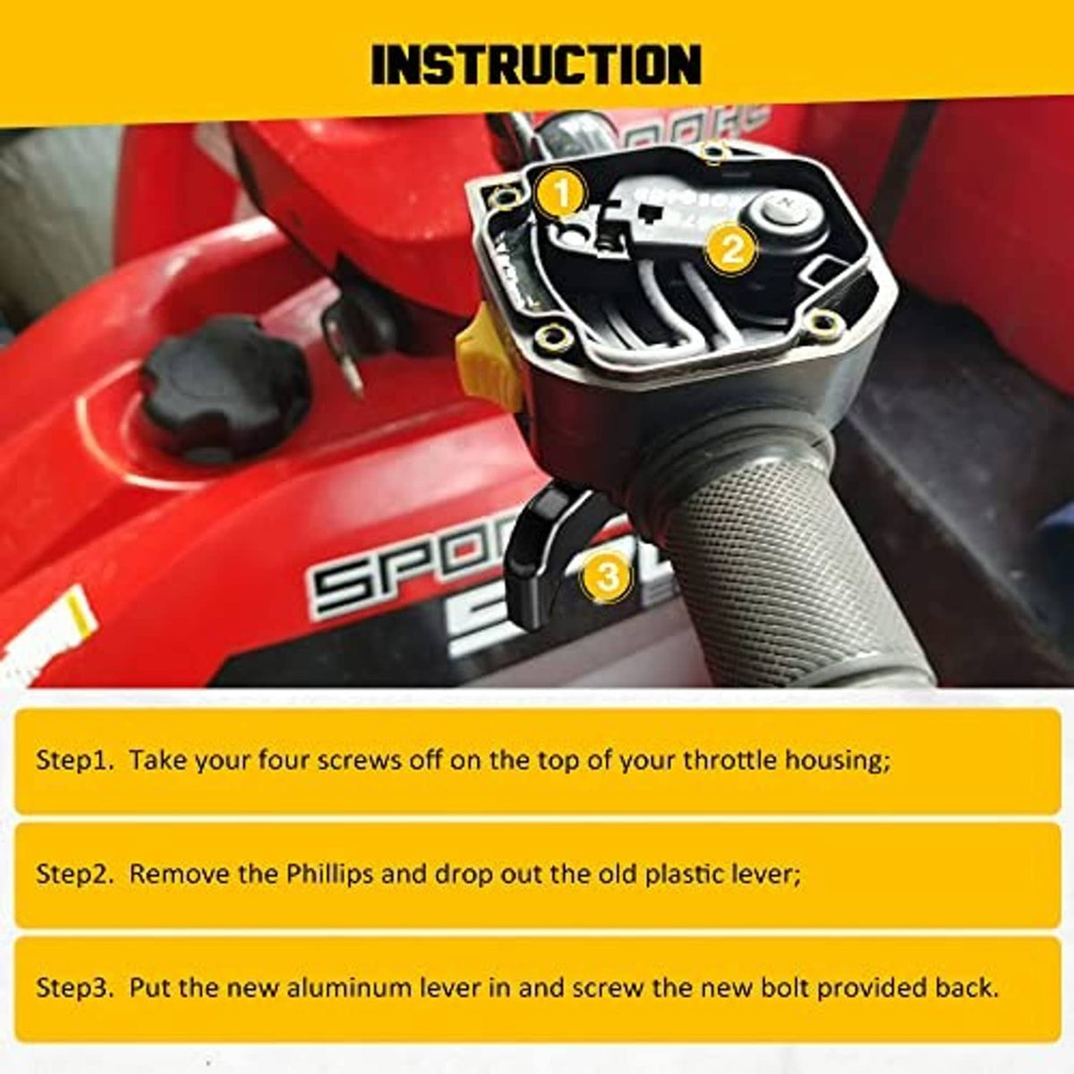 Black thumb throttle lever installation diagram showing lever replacement