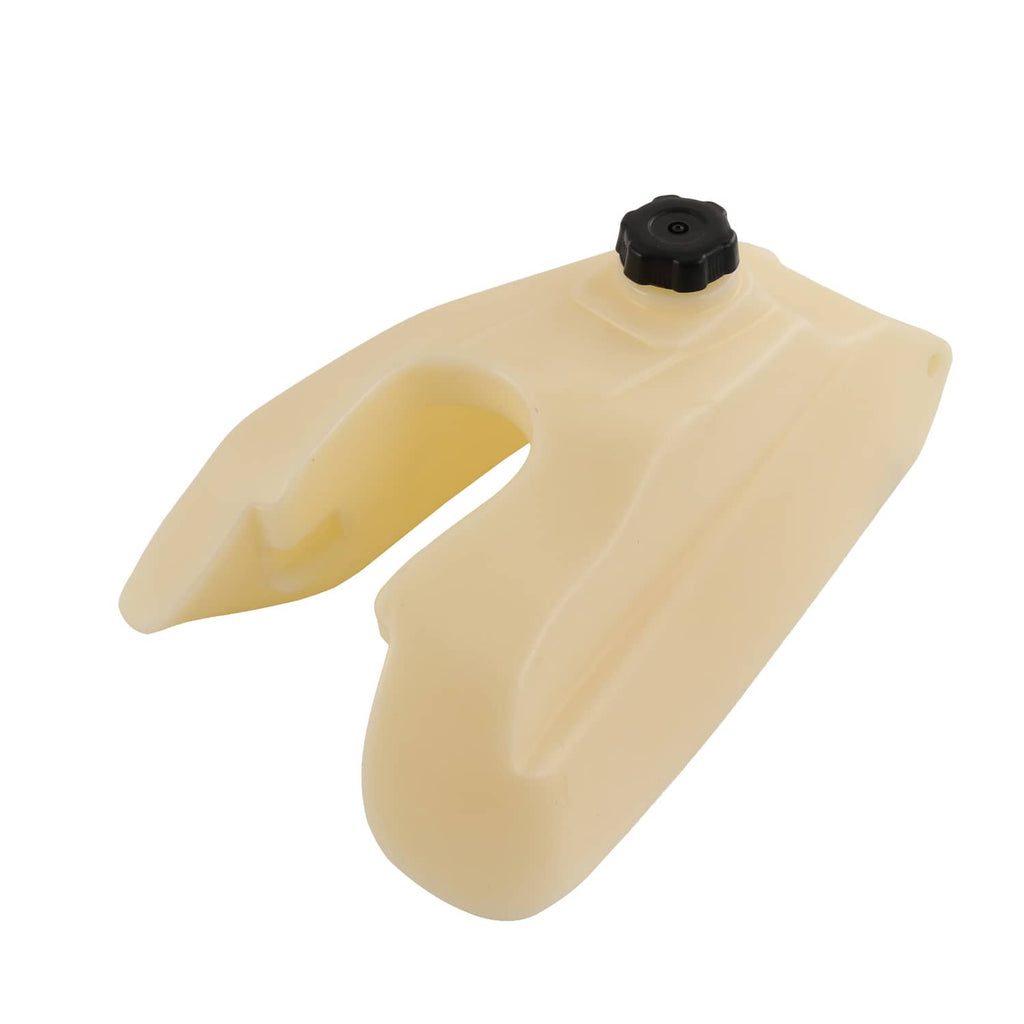 Beige plastic fuel tank with black gas cap, top angled view
