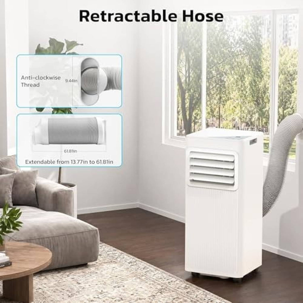Portable AC with front vent and retractable exhaust hose with window connector.