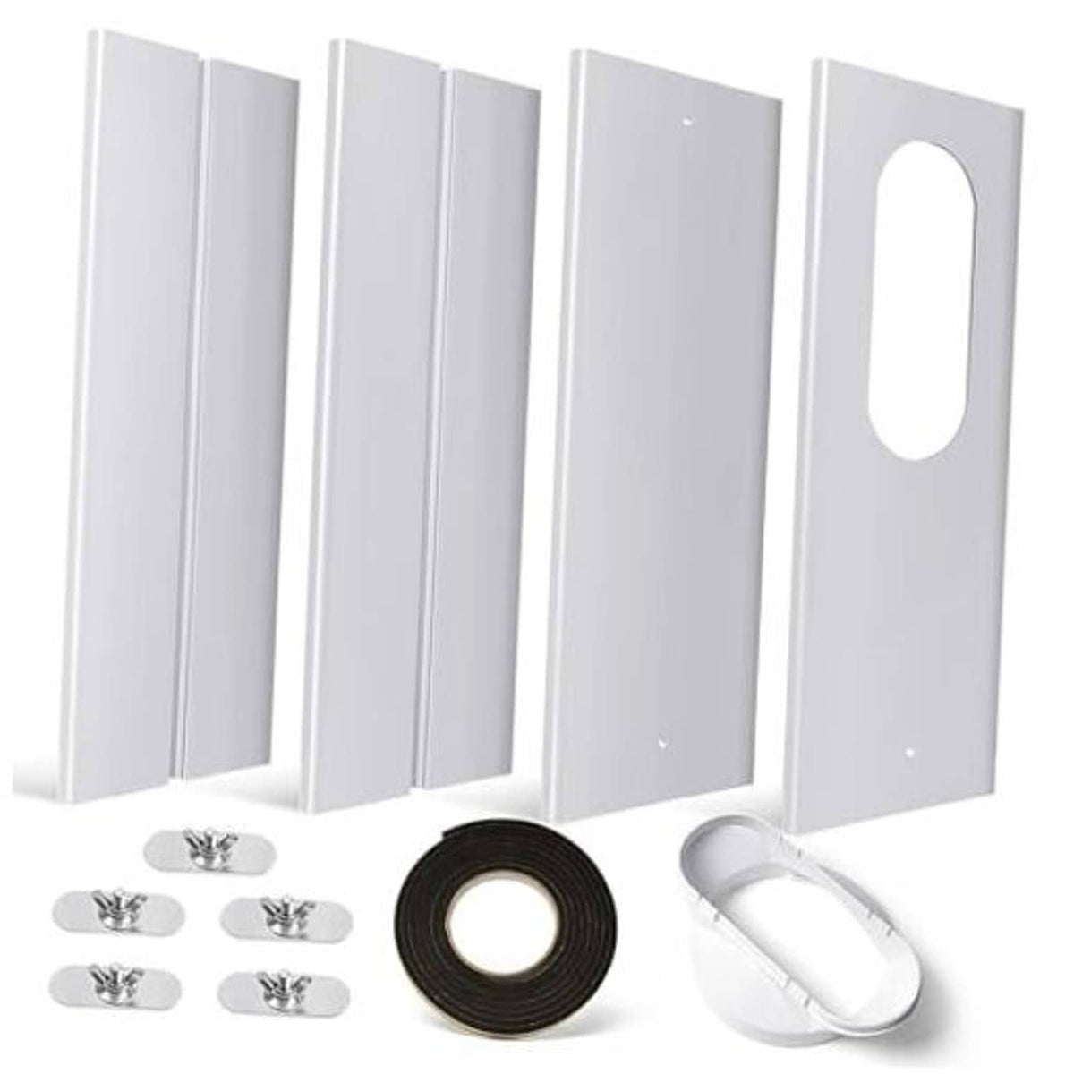 White PVC window kit panels with screws, black sealing tape, and white coupler hose