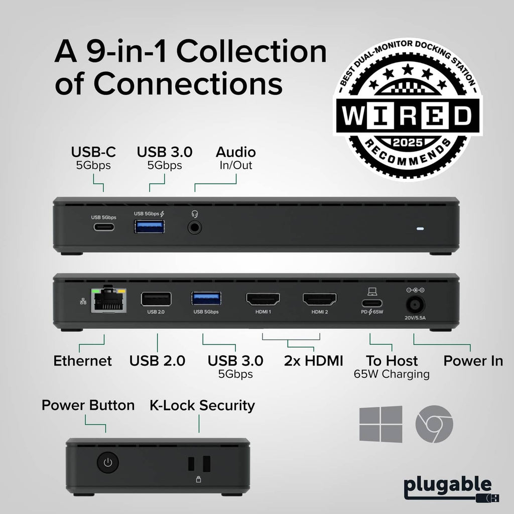 Black dual-monitor docking station with front and rear connection ports