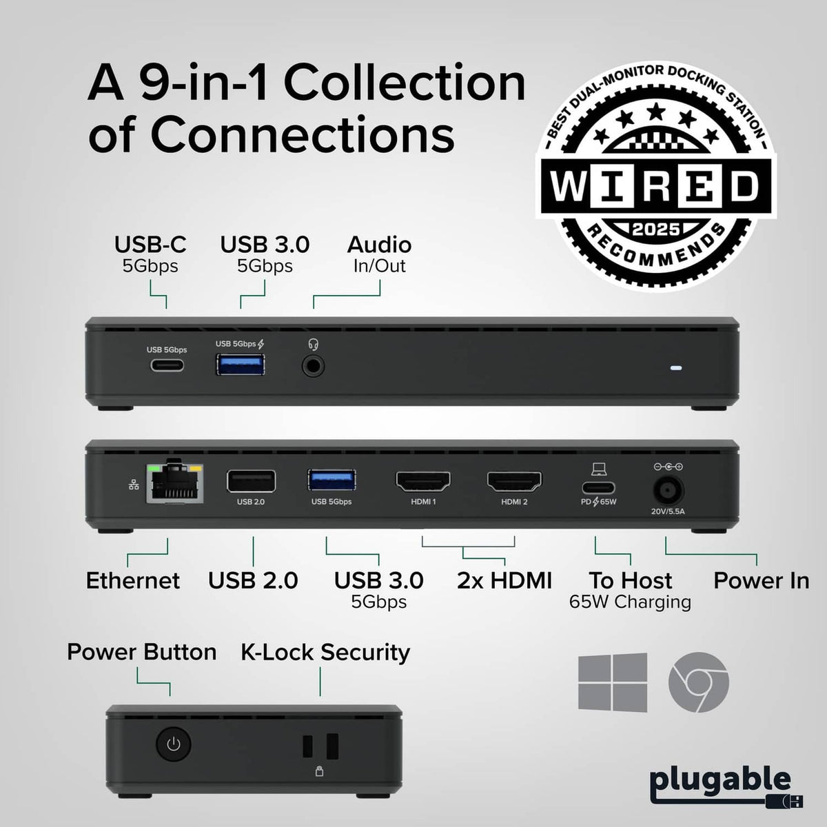 Black dual-monitor docking station with front and rear connection ports