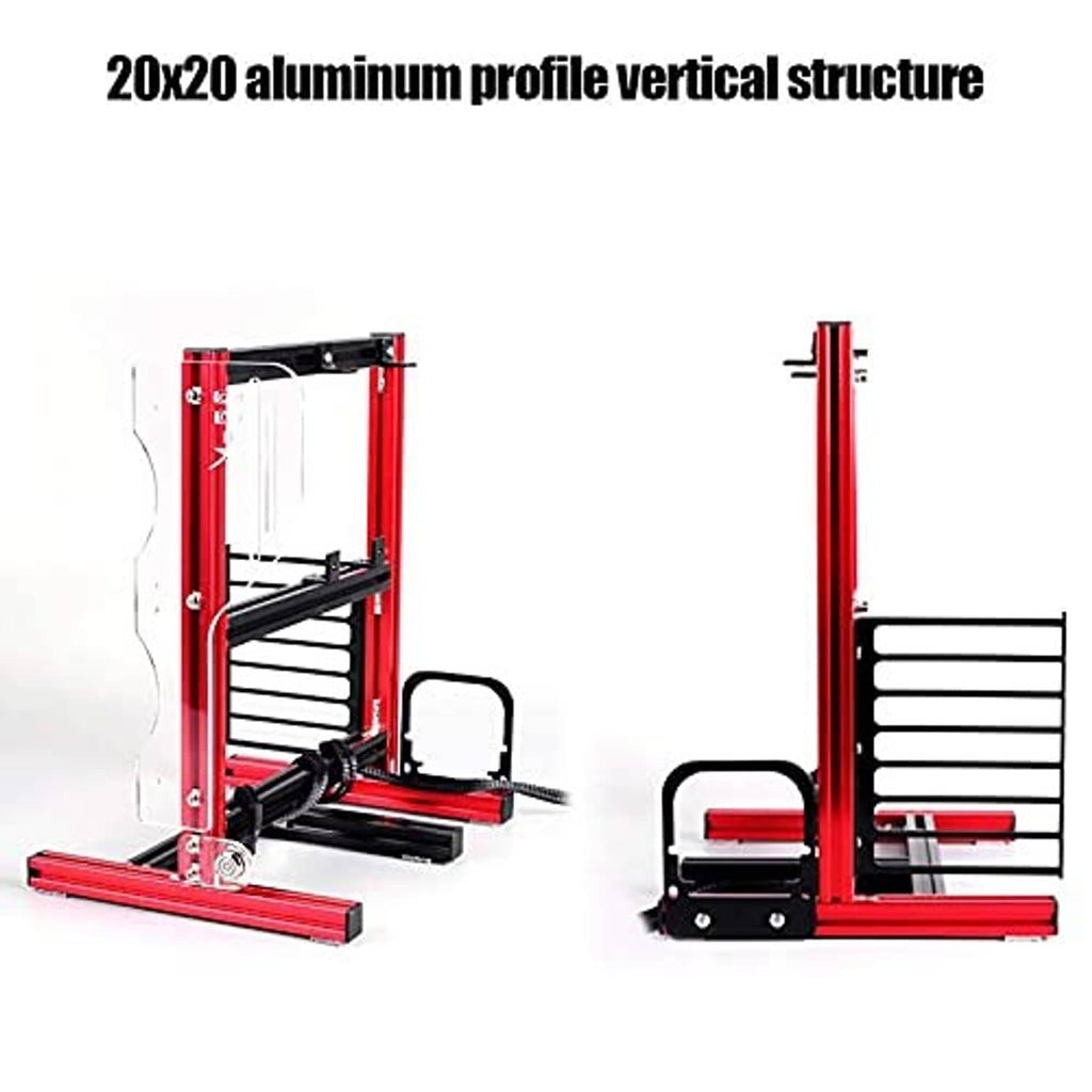 Red vertical DIY motherboard rack with black heat-sink supports and side fan brackets
