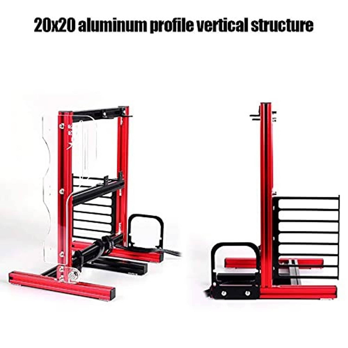 Red vertical DIY motherboard rack with black heat-sink supports and side fan brackets