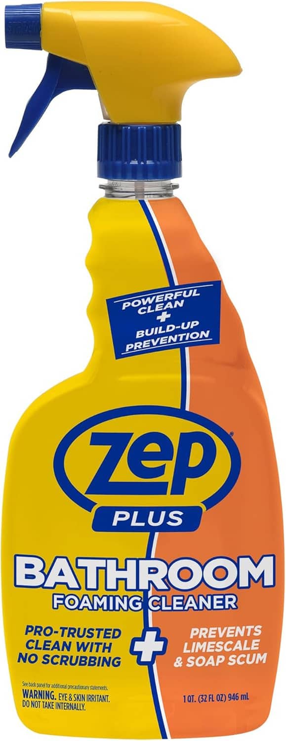 Zep Plus Bathroom foaming cleaner bottle with blue trigger sprayer, yellow and orange label