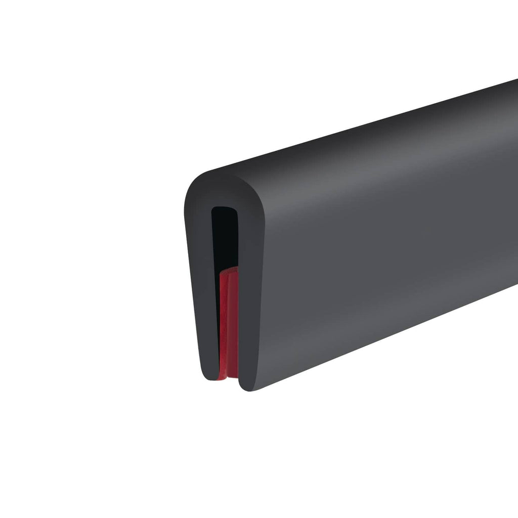Black rubber edge trim profile with red inner insert, U-shaped channel for edges