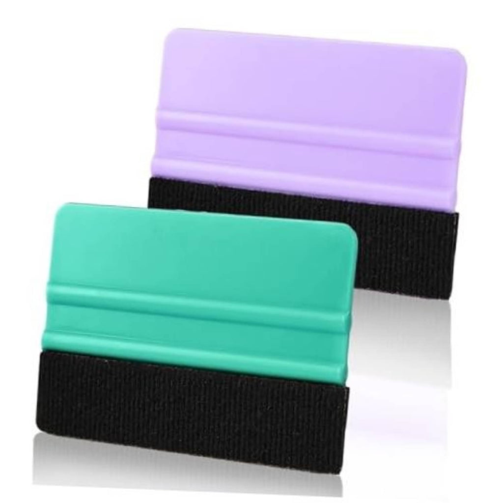 Pair of vinyl felt squeegees: teal and purple plastic handles with black felt edge