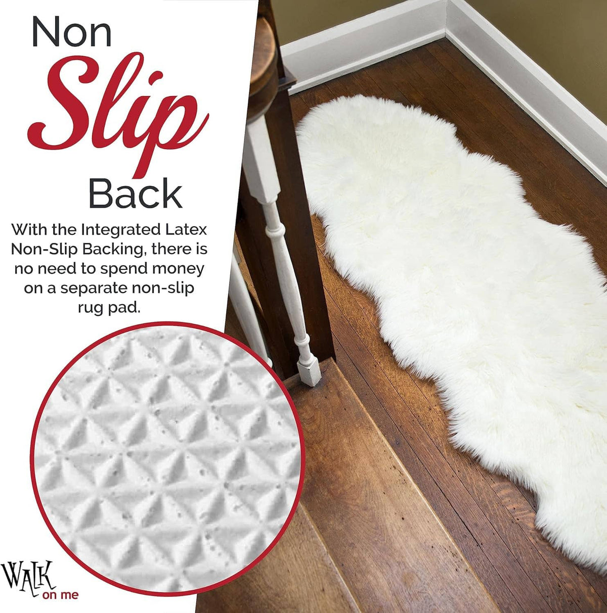 White faux fur rug runner in an entry corner, non-slip backing texture shown