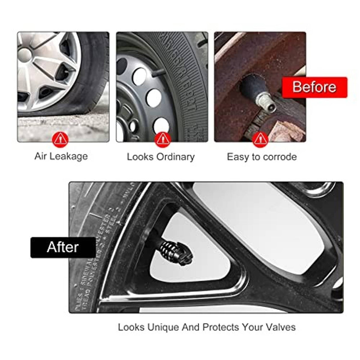 Black tire valve stem cap installed on wheel with threaded valve opening covered