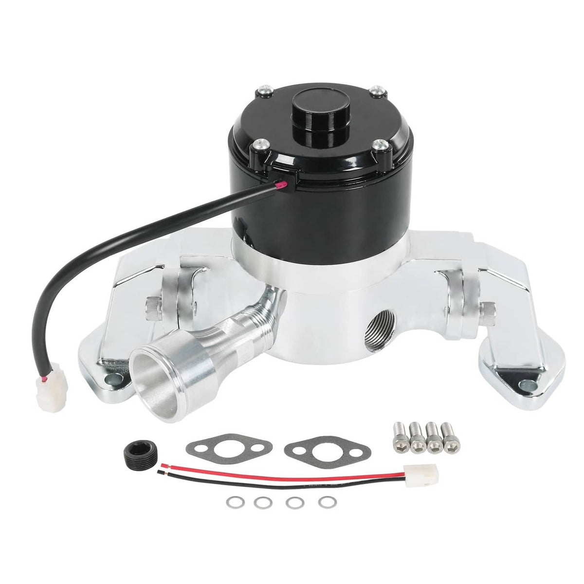 Chrome aluminum electric water pump with black motor housing and wiring pigtail