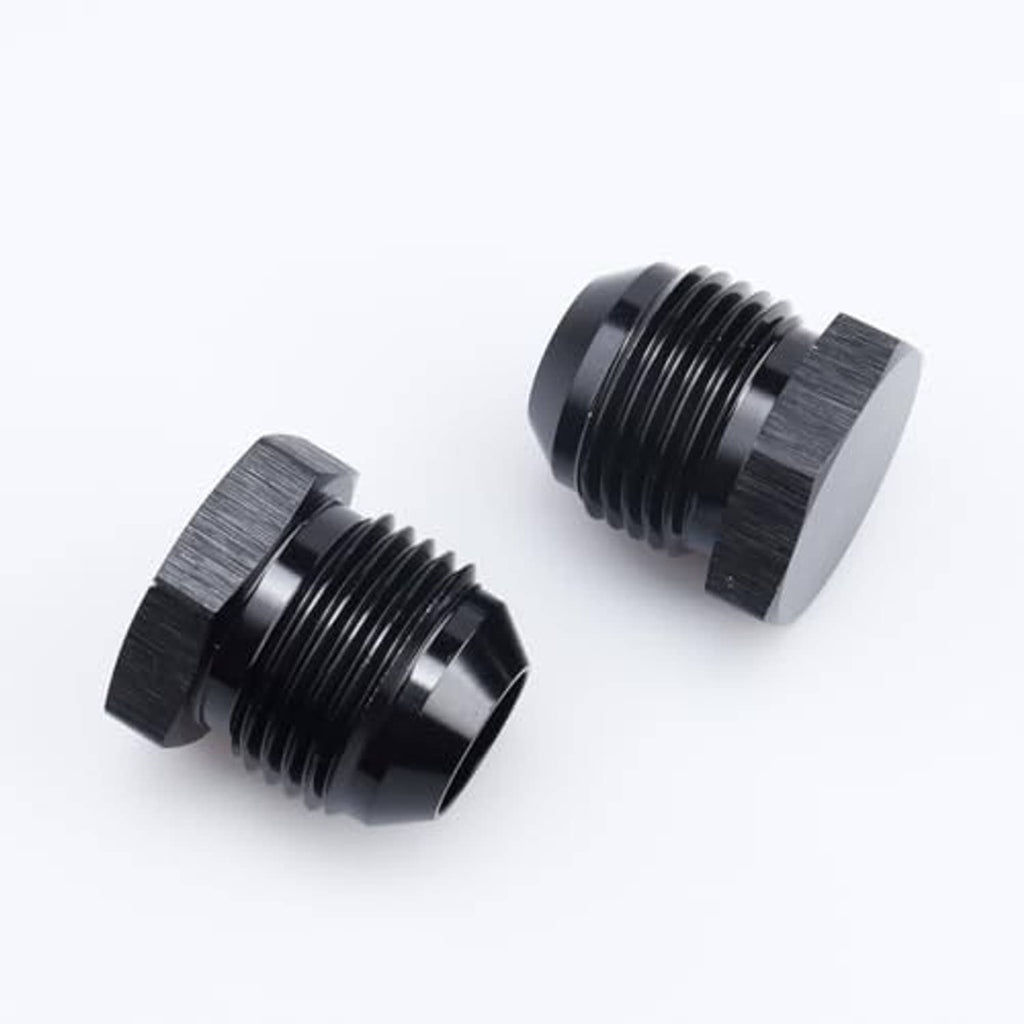 Black AN male flare blanking plug connectors close-up, showing threads and hex rims