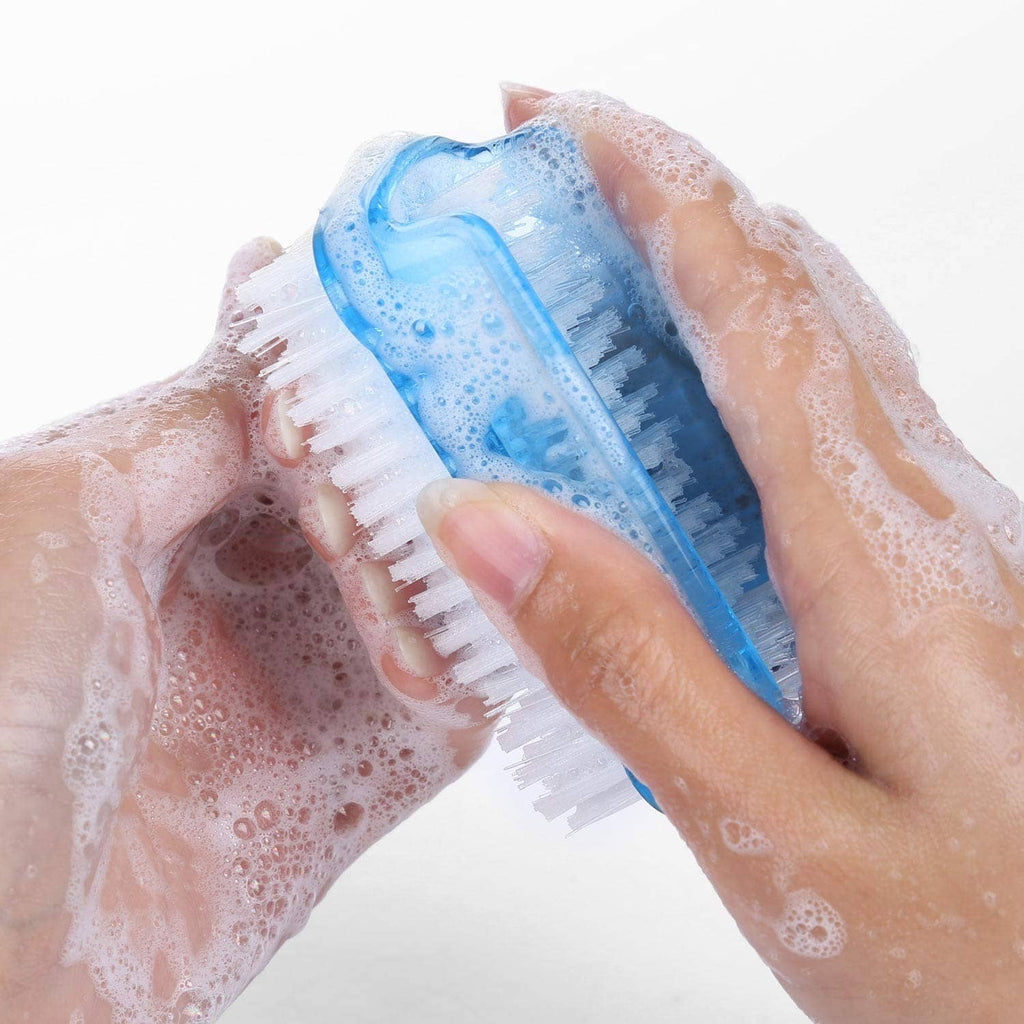 Dual-sided nail scrub brush cleaning fingertips with blue-and-white bristle head