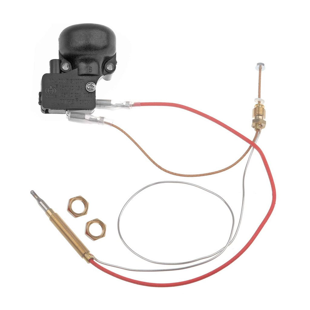 Thermocouple safety switch kit with black control box, red wires, and two nuts