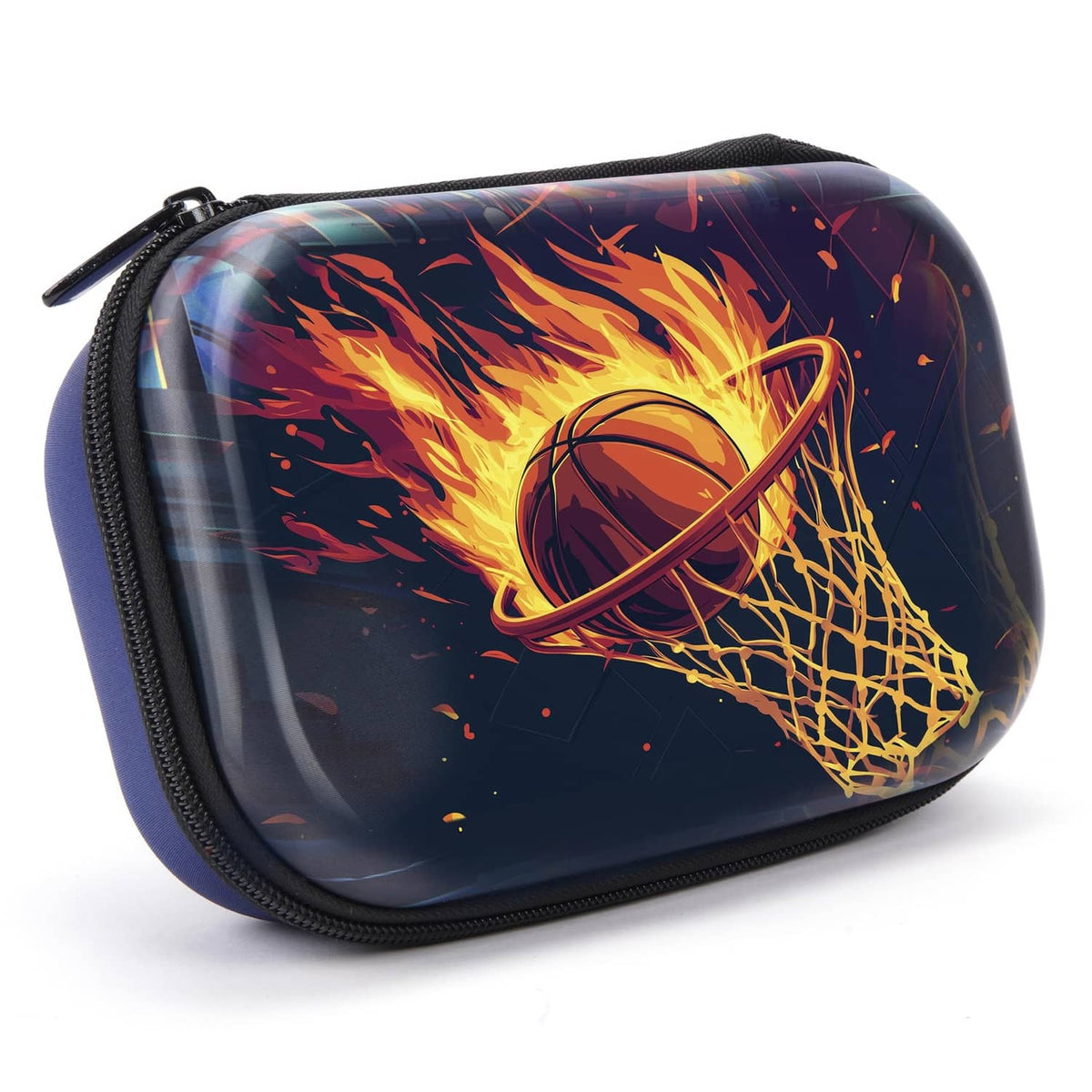 ZIPIT 3D pencil case, blue with black zipper, basketball flame-net graphic.