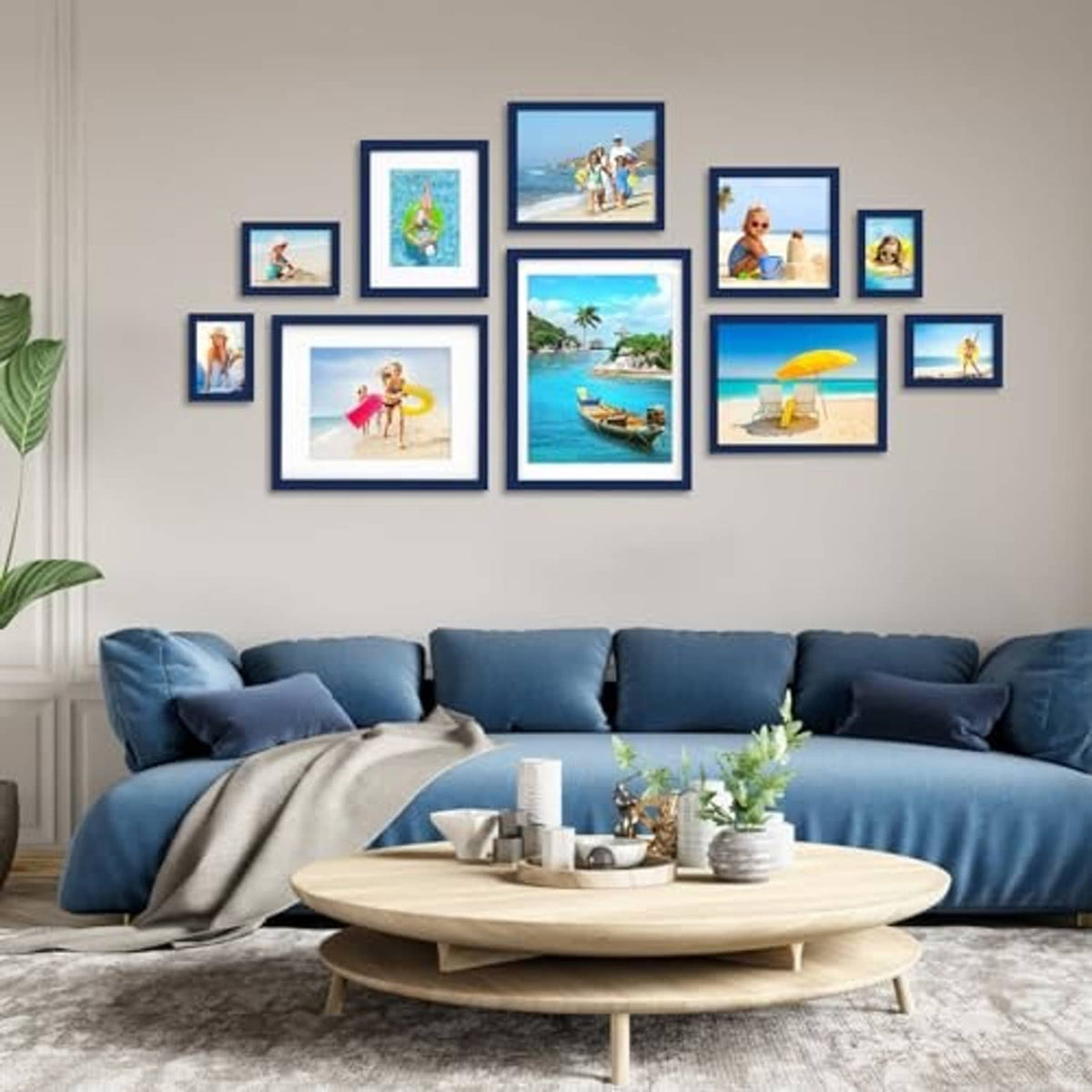 Wall display of navy matted photo frames with plexiglass, arranged for multiple pictures