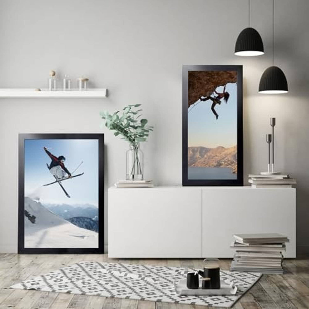 Black wooden 16x20 picture frame standing with framed landscape artwork