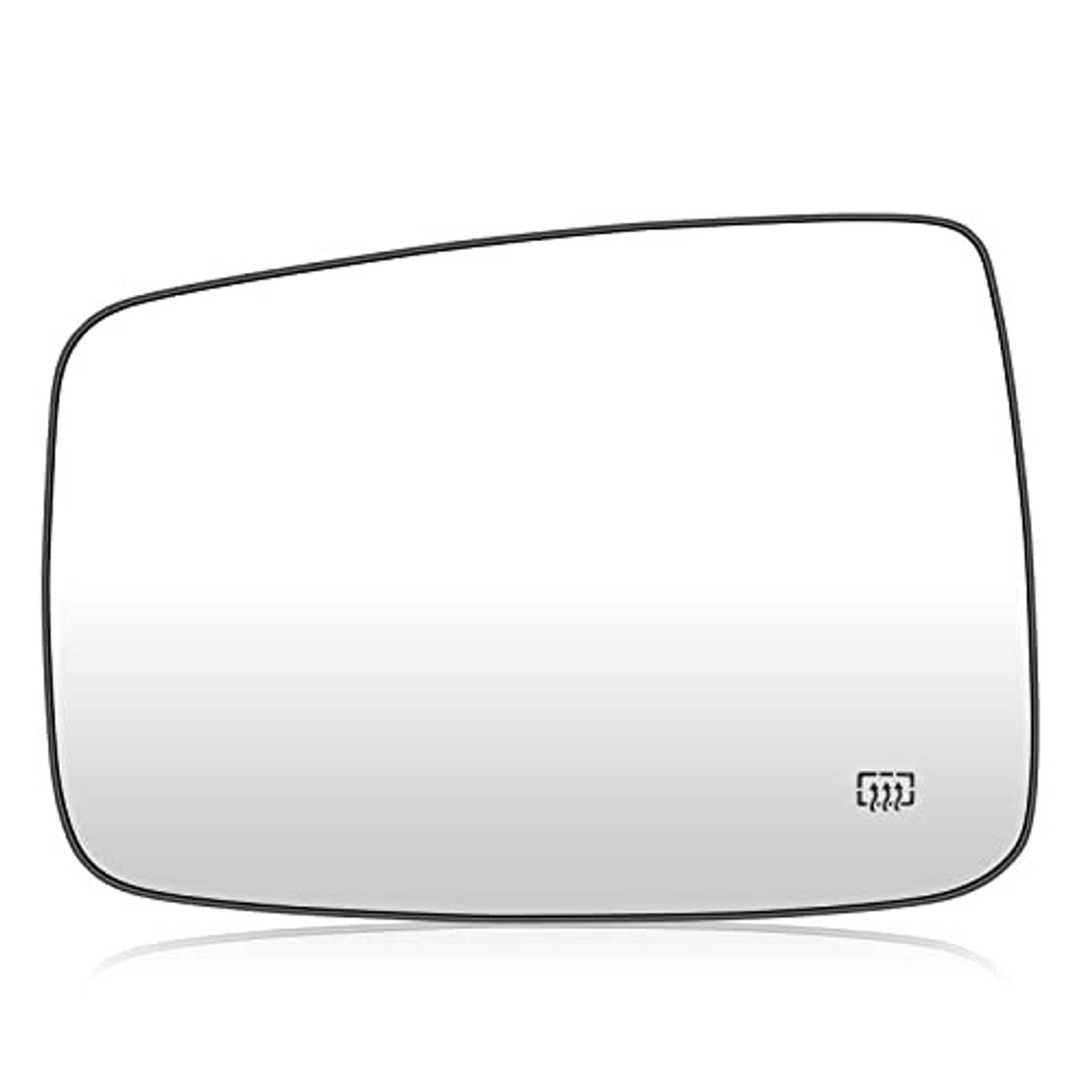 Heated side mirror glass, left driver, curved rectangular lens with defrost symbol.