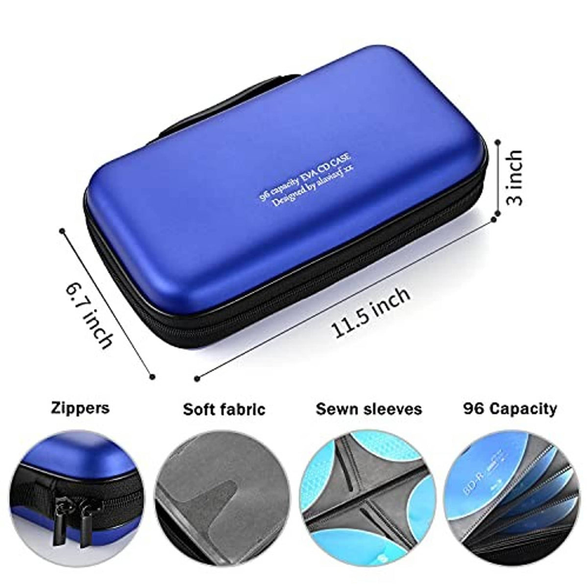Blue EVA CD/DVD case, black zipper; 96 capacity, about 11.5 x 6.9 x 3 in