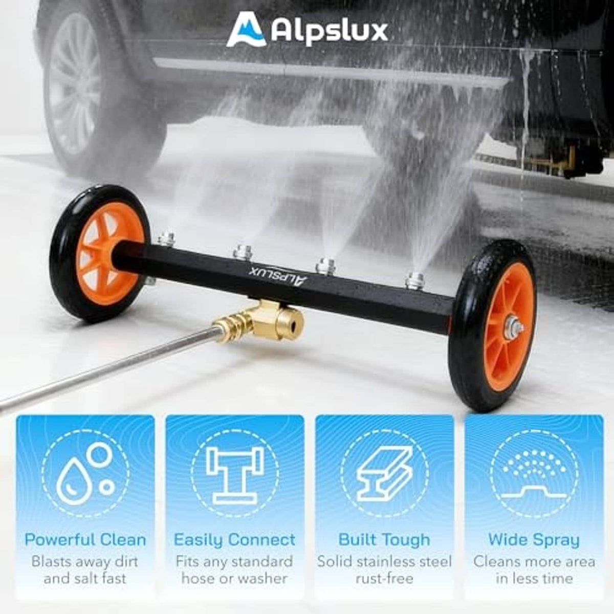 Wheeled pressure washer spray bar attachment releasing a wide fan of water
