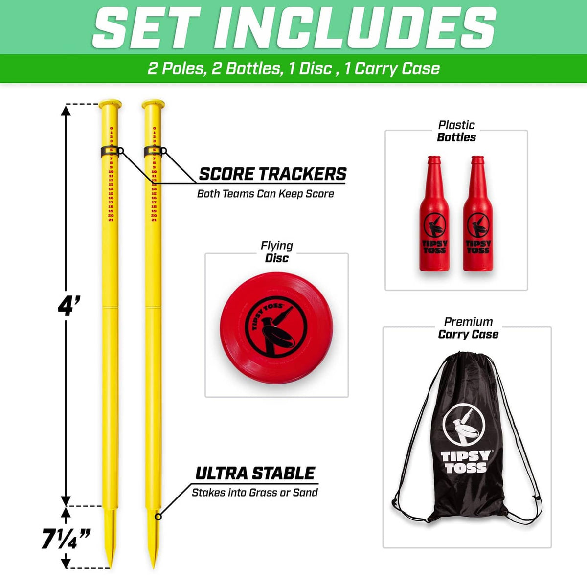 Tipsy Toss set includes two yellow poles, two red bottles, a red disc, and carry case