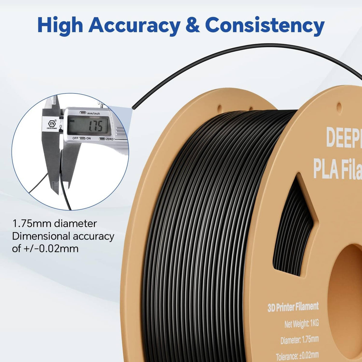 Black PLA filament spool close-up showing 1.75mm diameter and consistent winding