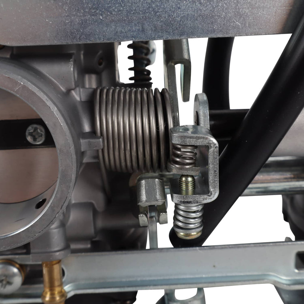 Motorcycle carburetor spring linkage and fuel line fitting