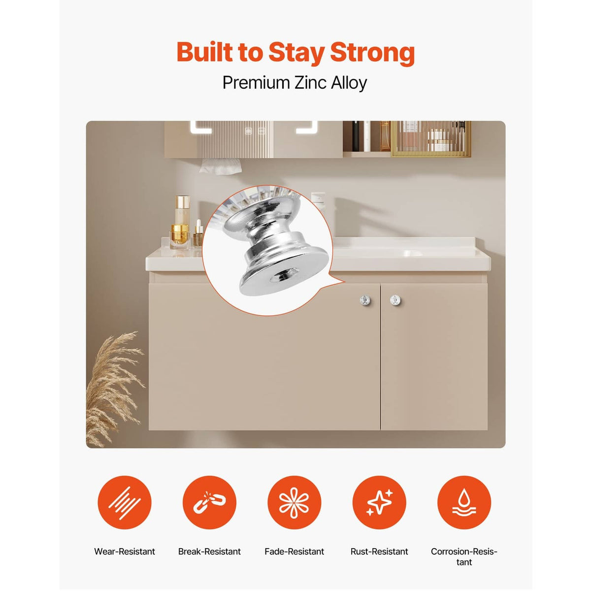 Chrome and clear acrylic diamond knobs on a cabinet door in kitchen setting.