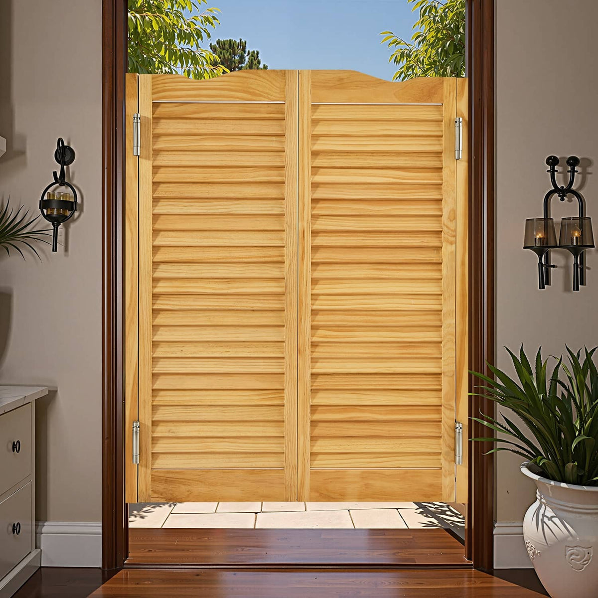 Pine wood saloon swinging door with arched top and metal hinges