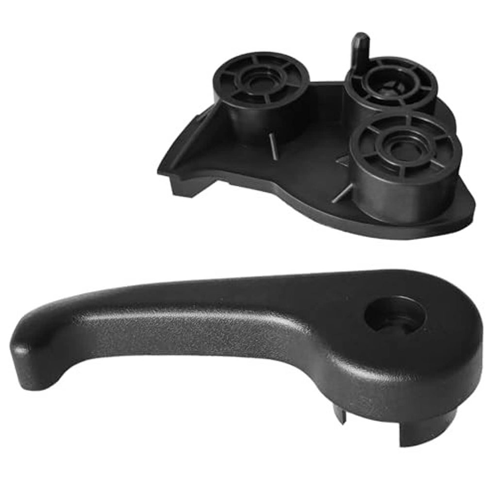Hood latch release handle with base, dark black plastic, curved grip and mounting nub