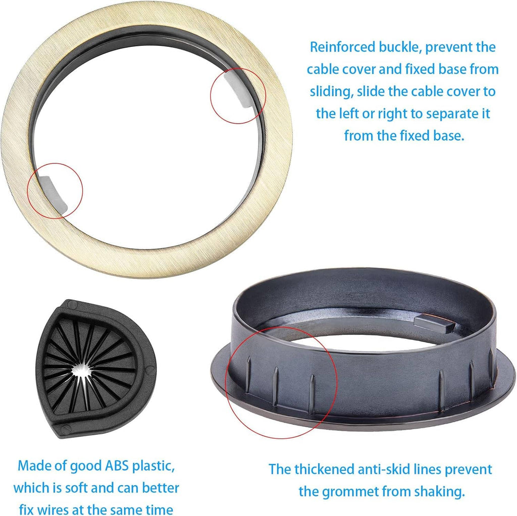 Bronze desk grommet set with black insert, base, and cover ring pieces