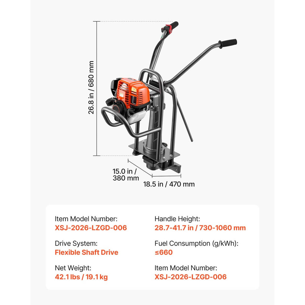 Gas-powered concrete screed machine diagram with measurements and engine unit