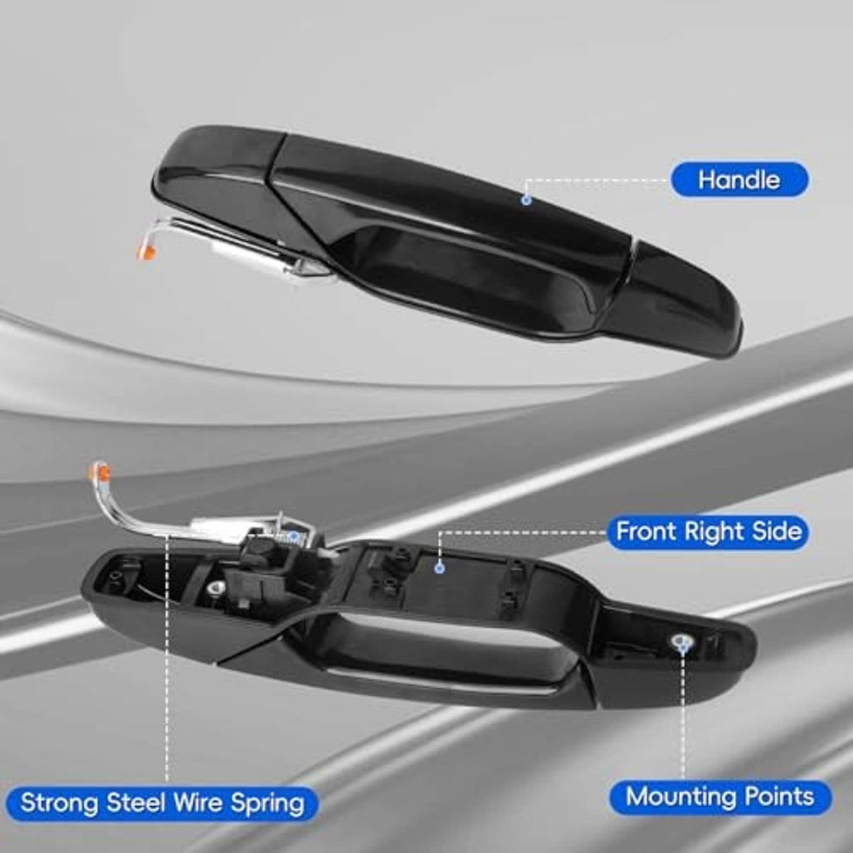 Black exterior door handle assembly with mounting points and chrome latch