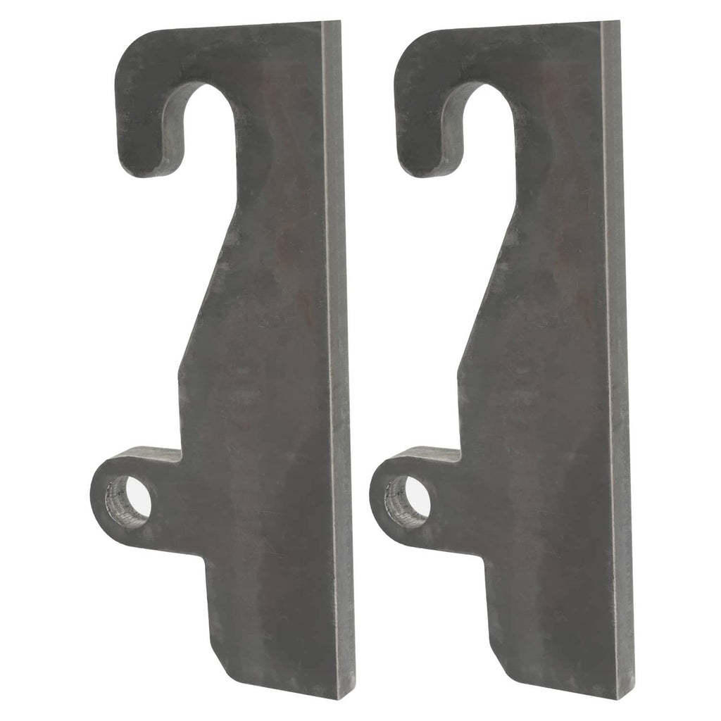 Two upright dark steel coupler brackets with front hooks and round base mounting holes