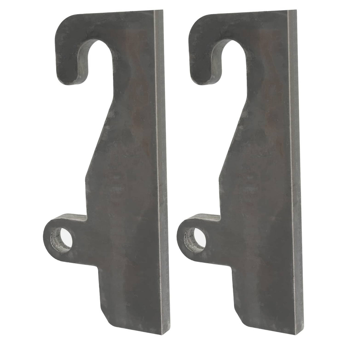 Two upright dark steel coupler brackets with front hooks and round base mounting holes