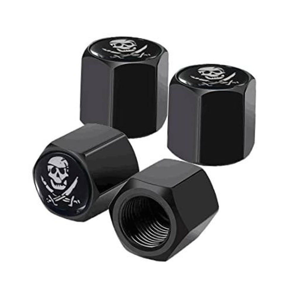Set of four black pirate skull tire valve stem caps with rubber seal rings