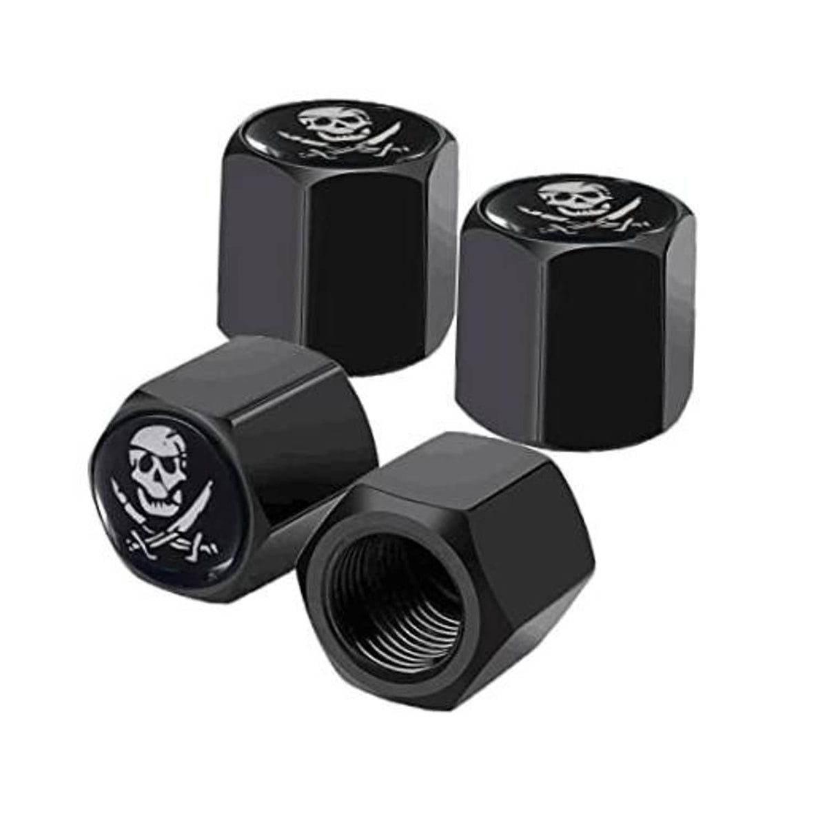 Set of four black pirate skull tire valve stem caps with rubber seal rings