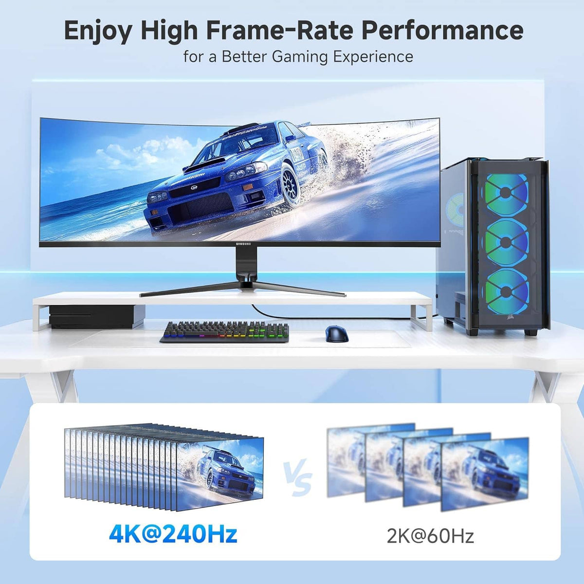 DisplayPort to HDMI adapter marketing graphic highlighting high frame-rate gaming.