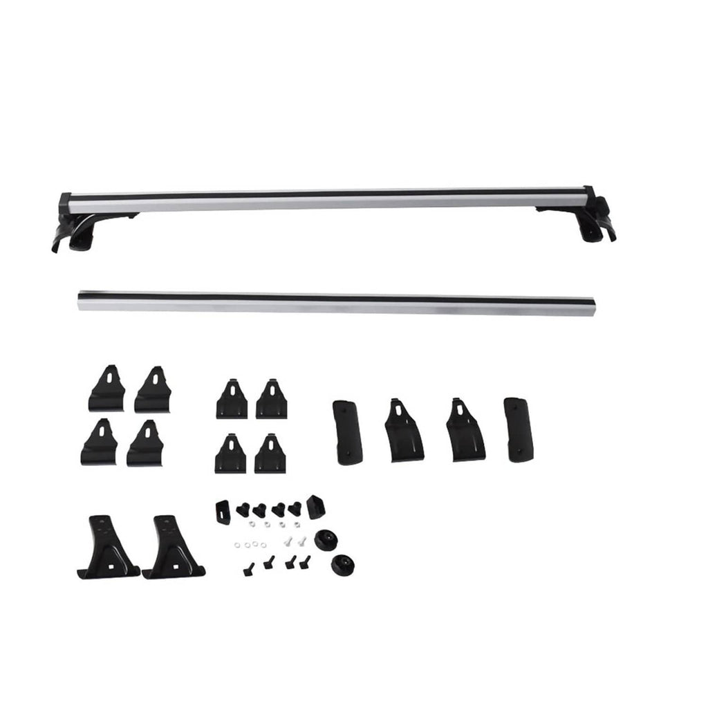 Car roof cross bars kit with silver rails and black mounting brackets and fasteners.