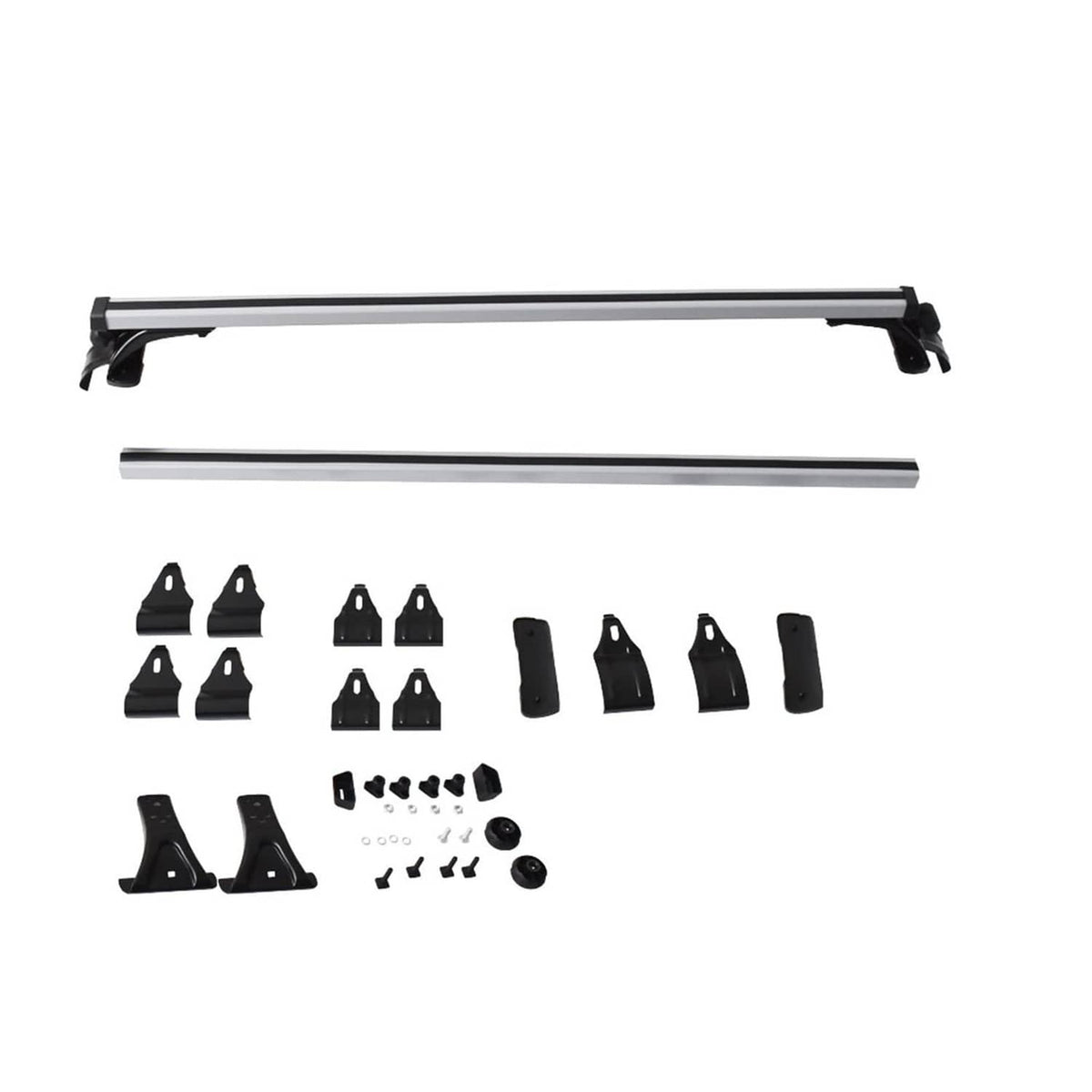 Car roof cross bars kit with silver rails and black mounting brackets and fasteners.